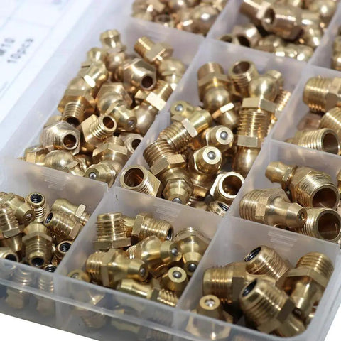 Brass Zerk Grease Fitting Kit Set 135 Pieces For M6 M8 M10 Includes Straight 90 Degree And 45 Degree Angles With Plastic Storage Box