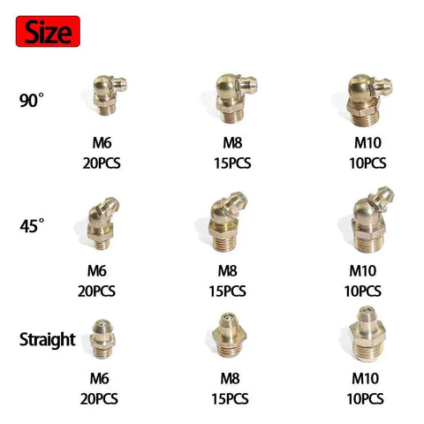 Brass Zerk Grease Fitting Kit Set 135 Pieces For M6 M8 M10 Includes Straight 90 Degree And 45 Degree Angles With Plastic Storage Box