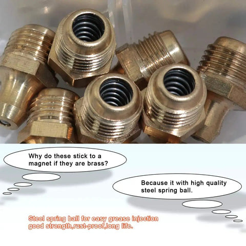 Close-up of Brass Zerk Grease Fitting Kit Set 135 Pieces For M6 M8 M10 Includes Straight 90 Degree And 45 Degree Angles