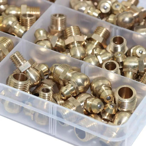Brass Zerk Grease Fitting Kit Set 135 Pieces For M6 M8 M10 shown in a plastic storage box, includes various angle fittings