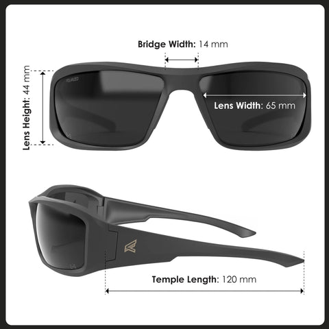 Brazeau Polarized Safety Glasses With 99.9 Percent UV Protection And ANSI Z87, front and side view showing dimensions.