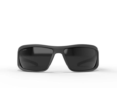 Front view of Brazeau Polarized Safety Glasses With 99.9 Percent UV Protection And ANSI Z87, black frame with dark lenses.
