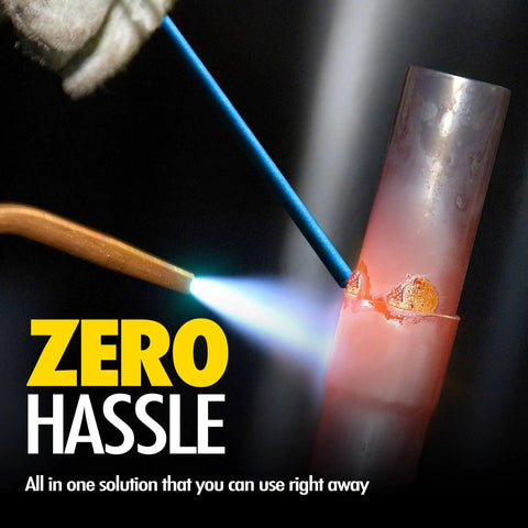 Pro Grade Flux Coated BCuP5 Brazing Rods With Fifteen Percent Silver for HVAC pipe repair in progress with zero hassle text overlay
