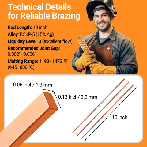 Fifteen Percent Silver Brazing Rods BCuP 5 for HVAC and Refrigeration, technical specs, 10-inch length, phosphor copper alloy.