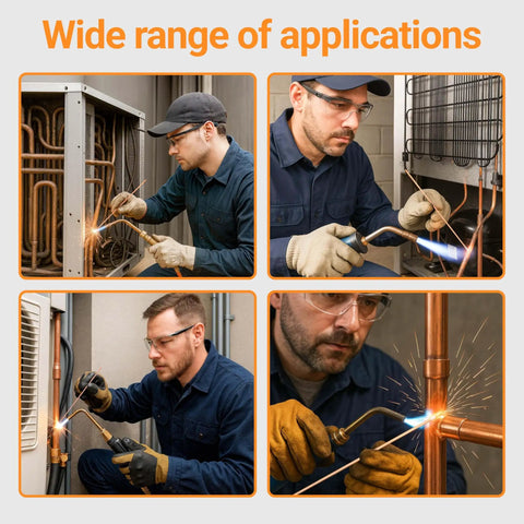 Technician using BCuP-5 15% Silver Brazing Rods for HVAC refrigeration welding, demonstrating smooth flow and leak-proof joints.