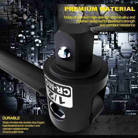 Close-up of Heavy Duty Half-Inch Drive 25-Inch Breaker Bar With 250-Degree Swivel Head Aiourx CR-MO Chrome Molybdenum Steel Extension