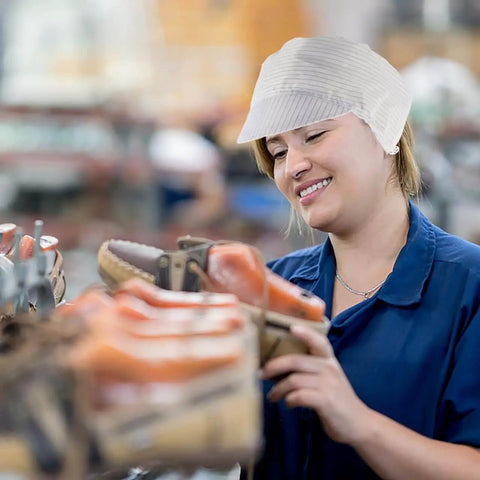 Worker in a factory wearing an Anti Static Cleanroom Hat Breathable Working Cap focusing on quality control of products.