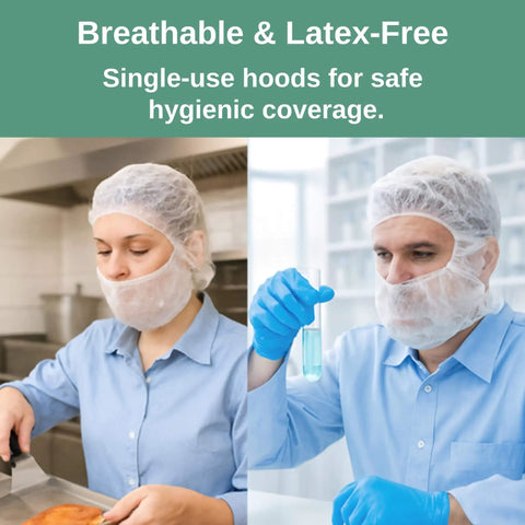 Two people wearing Disposable Bouffant Hood Breathable Polypropylene Hair Cover For Medical Food Processing And Cleanrooms One Size Fits All