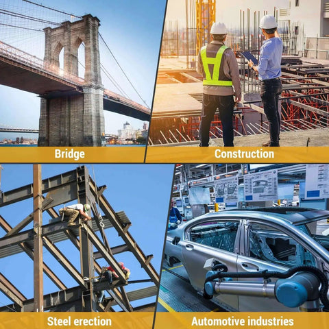 Collage of bridge, construction site, steel erection, and automotive industry scenes representing various industrial applications