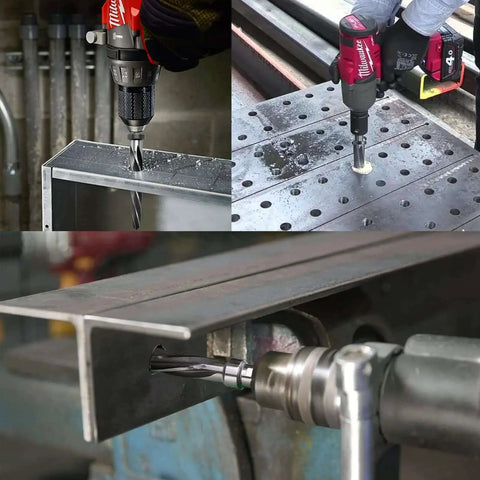 Five Eighths Inch Reamer Bit For Steel And Wood HSS Tapered Bridge Reamer Drill Bit With Half Inch Shank in action on steel.