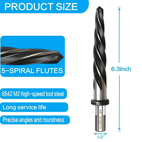 5/8 Inch Bridge Construction Reamer Drill Bit For Steel Wood And Plastic With M2 HSS 5 Spiral Flutes And 1/2 Inch Non Slip Shank Taper Chucking Reamer To Align Or Enlarge Holes Up To 16mm.