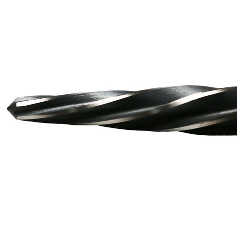 Heavy Duty Bridge Reamer Drill Bit For Metal Five Eighths Inch Alignment And Hole Enlargement With M2 Steel For Steel Alloy Wood Plastic Bolt Ready Non Slip One Half Inch Shank TMAX, showing close-up of spiral tip.