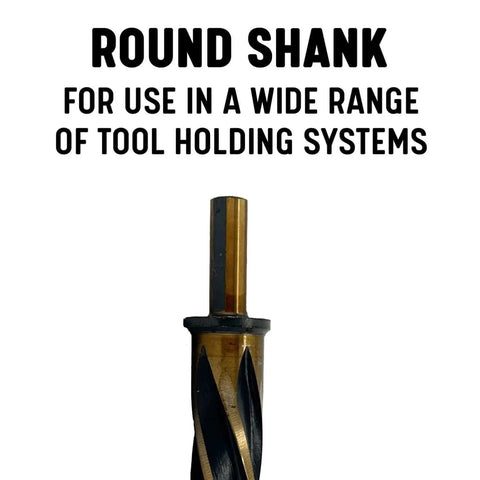 Bridge Reamer Five Eighths Inch With One Half Inch Shank For Quick Hole Alignment In Tight Spots Black And Gold Finish KFD Series Drill America Industrial Tool For Builders And Machinists showing round shank.