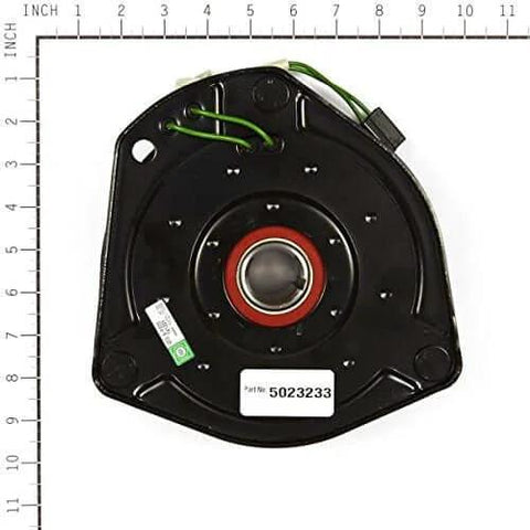 Top view of Briggs and Stratton 5023233SM Electric Clutch with size scale, showing black metal construction