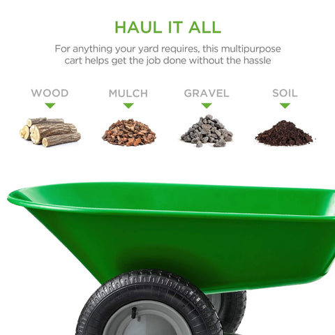 Bright green Dual Wheel Home Utility Yard Wheelbarrow Garden Cart with Built In Stand for carrying wood, mulch, gravel, soil.