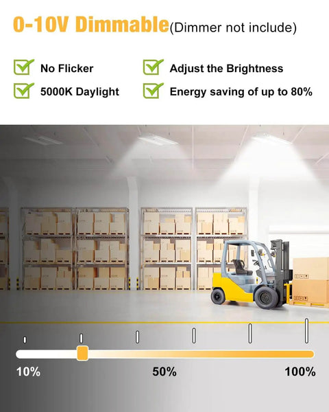 Warehouse interior with Ultra Bright 210W LED Linear High Bay Light illuminated, featuring forklift and crates, 0-10V dimmable.