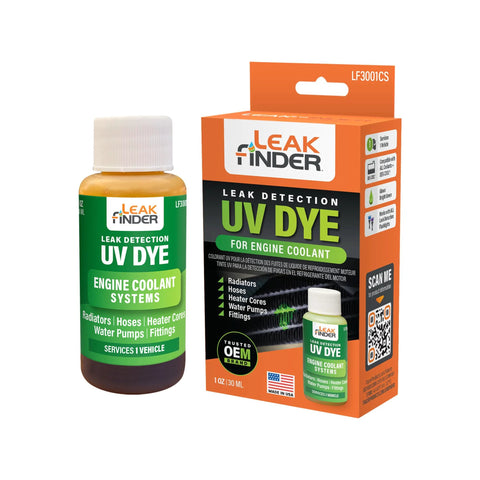 Leak Finder UV Dye bottle and box for engine coolant leak detection, 1 oz, for radiators, hoses, heater cores
