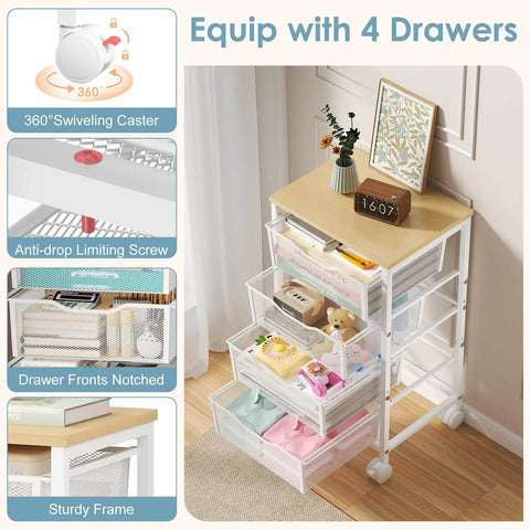 Rolling Storage Cart With Four Drawers And Wooden Top Metal Frame Lockable Wheels And Smooth Slide Drawers A Must Have Craft Organizer For Living Room Bedroom Office And Classroom In Bright White, featuring a sturdy frame and notched drawer fronts.
