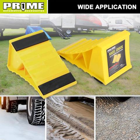 Bright Yellow Heavy Duty Wheel Chocks With Non Slip EVA Base For RV And Trailer 2 Pack No Rope Hassle And Lightweight Tire Stoppers