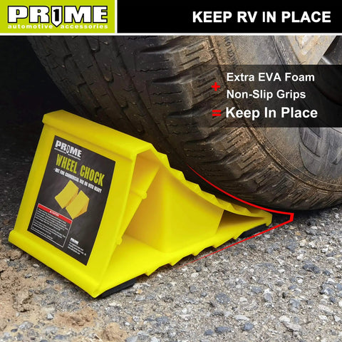 Bright Yellow Heavy Duty Wheel Chocks With Non Slip EVA Base For RV And Trailer 2 Pack under tire
