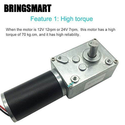 High torque motor with metal housing by BRINGSMART, featuring 70 kg.cm torque, shown with electrical and gear components visible.