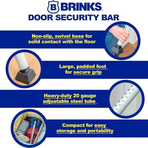 Brinks door security bar features including non-slip swivel base, padded foot, adjustable steel tube, and compact design for storage.