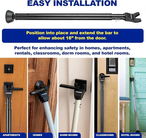 Collage of Brinks door security bar installation for apartments, homes, dorm rooms, classrooms, and hotels.