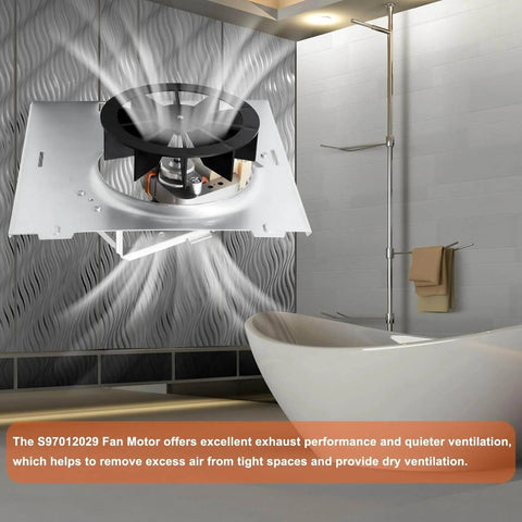 688 663 Fan, S97012029 Motor Assembly for Broan Bathroom Exhaust Fan installed in bathroom ceiling with light gray walls.