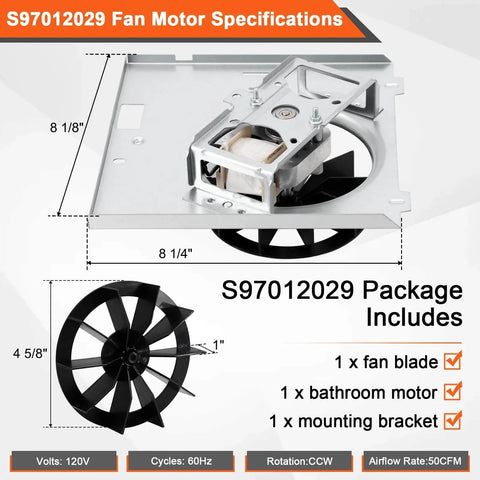 688 663 Fan, S97012029 Motor Assembly includes fan blade, bathroom motor, and mounting bracket specifications