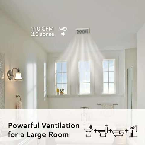 Easy Roomside Installation 110 CFM Bathroom Ventilation Fan Keeps Mirrors Crystal Clear And Quiet 3.0 Sones For Bathrooms Up To 105 Sq Ft White Broan NuTone installed in ceiling of elegant bathroom
