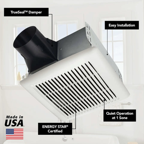 Powerful 110 CFM bathroom vent fan with quiet one point zero sones and easy install ENERGY STAR certified shown in bathroom.