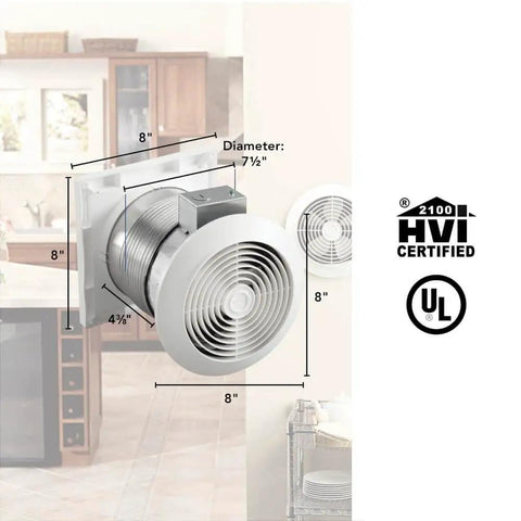 Versatile Through The Wall Ventilation Fan For Kitchen Garage Laundry Or Rec Room With 6 Inch In Wall Installation And Built In Exterior Vent Cap No Ducting Needed, 70 CFM And Quiet 6.0 Sones In White Cover By Broan NuTone, installed view with dimensions, HVI and UL certified logos visible