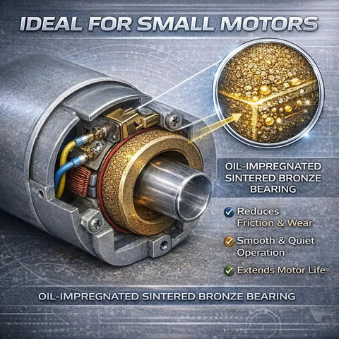 Diagram of oil impregnated sintered bronze sleeve bearing bushing for 8mm ID by 12mm OD by 10mm length, highlighting its benefits.