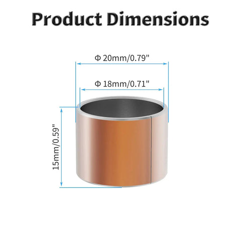 Diagram showing 10 Pcs Sleeve Bearings Set dimensions: 18mm bore, 20mm OD, 15mm length, for industrial machinery and sliding parts.