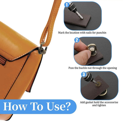 12 Pcs Bronze D Ring Studs With Ball Head Buttons And Rivets Set for leather crafting and installation on a handbag strap.