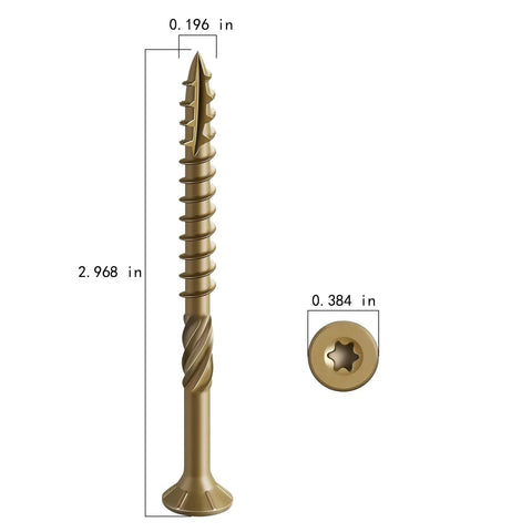 Size 10 Deck Screws 3 Inch Bronze Exterior Wood Screws 137 Pack Epoxy Coated Rust Resistant T25 Star Bit with measurements