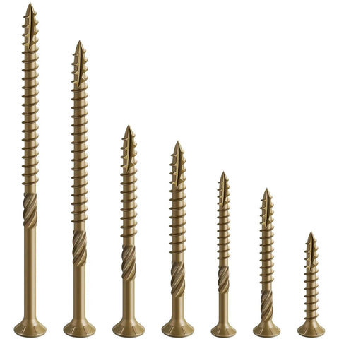 Assorted bronze deck screws, highlighting Size 10 Deck Screws 3 Inch Bronze Exterior Wood Screws 137 Pack Epoxy Coated Rust Resistant T25 Star Bit.
