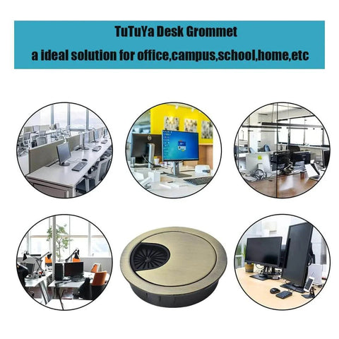 Bronze Desk Grommets 4 Pack 2 Inch Diameter Cable Hole Covers shown on desks in office environments