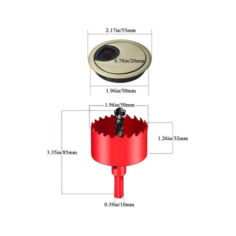 Bronze Desk Grommets 4 Pack 2 Inch Diameter Cable Hole Covers With Hole Saw shown with measurements for office and home desks