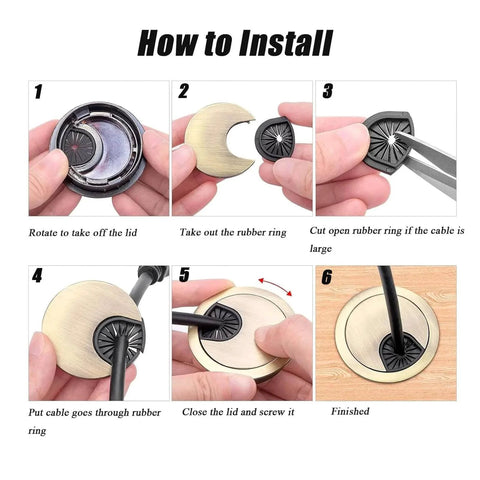 Installation step-by-step for Bronze Desk Grommets 4 Pack 2 Inch Diameter Cable Hole Covers with Hole Saw for Office and Home Desks