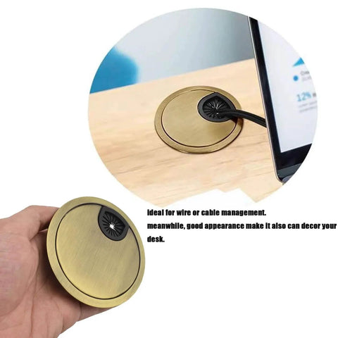 Bronze Desk Grommets 4 Pack 2 Inch Diameter Cable Hole Covers With Hole Saw installed on office desk for cable management.