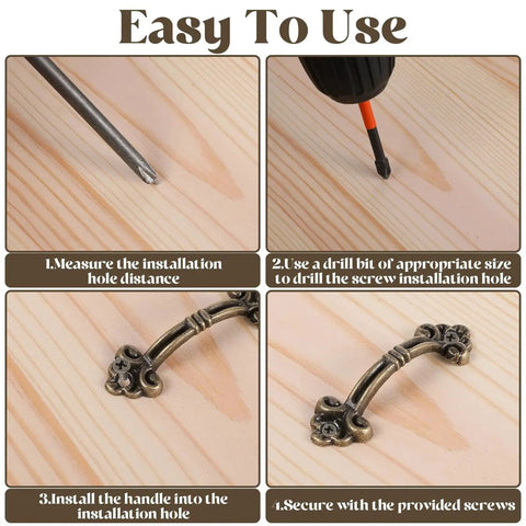 Installation steps for 20 Pack Vintage Mini Drawer Pulls In Antique Bronze Finish for jewelry boxes and cabinets, showing drilling and securing process.