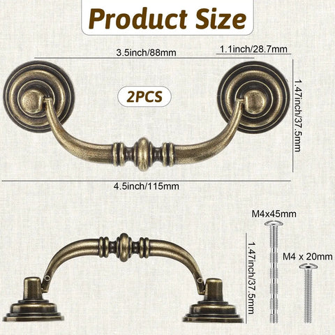 Two Bronze Vintage Drop Bail Drawer Pulls With 3.5 Inch Center Spacing And 4.5 Inch Total Length Antique Dresser Cabinet Handles, dimensions shown with mounting screws.