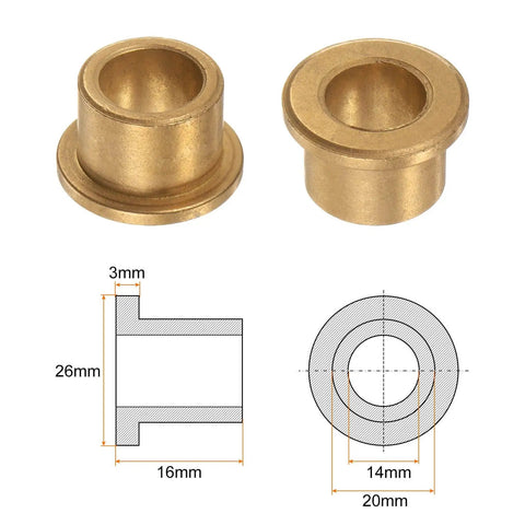 Heavy Duty Bronze Flange Bearing Sleeve 14mm Bore 20mm OD 16mm Length 3mm Flange Thickness 26mm Flange Diameter Self Lubricating Bushing Two Pack