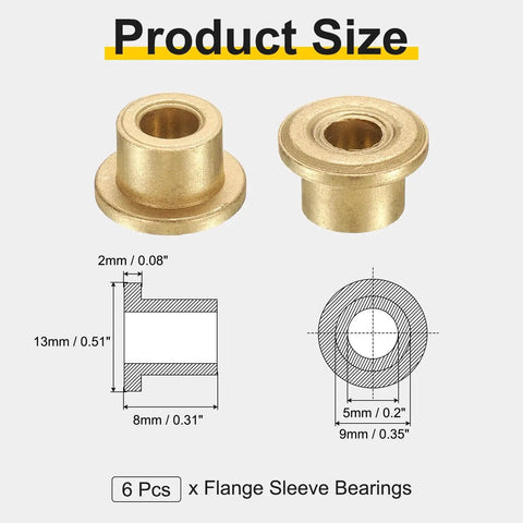 Six Pack Flange Sleeve Bearings 5mm Bore 9mm OD 8mm Length Self Lubricating Sintered Bronze Bushings With 13mm Flange Diameter