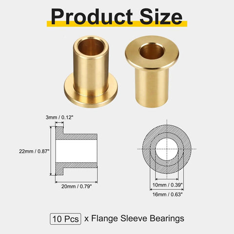 10 Pcs Flange Sleeve Bearings With 10mm Bore, 16mm OD And 20mm Length