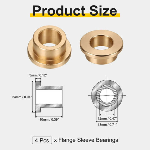 Pro Grade Heavy Duty Flange Sleeve Bearings Pack dimensions and diagrams, self lubricating sintered bronze bushings, 12mm bore