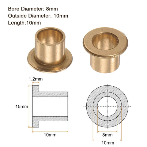 Two Pack Flanged Sleeve Bearing 8mm x 10mm x 10mm Bronze Oilless Bushing diagram and dimensions