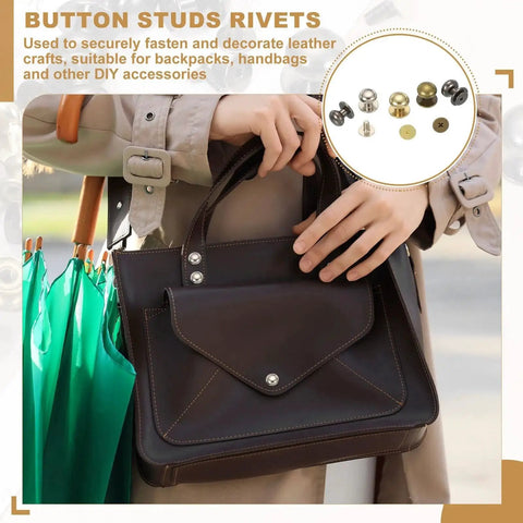 Person holding a handbag with visible Bronze Ball Head Leather Rivet Set 20 Pieces, suitable for leather craft repairs.