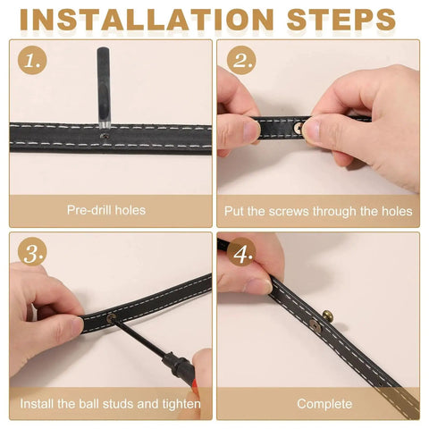 Installation steps for Bronze Ball Head Leather Rivet Set on black leather, showing pre-drilling, screw placement, and tightening sequence.